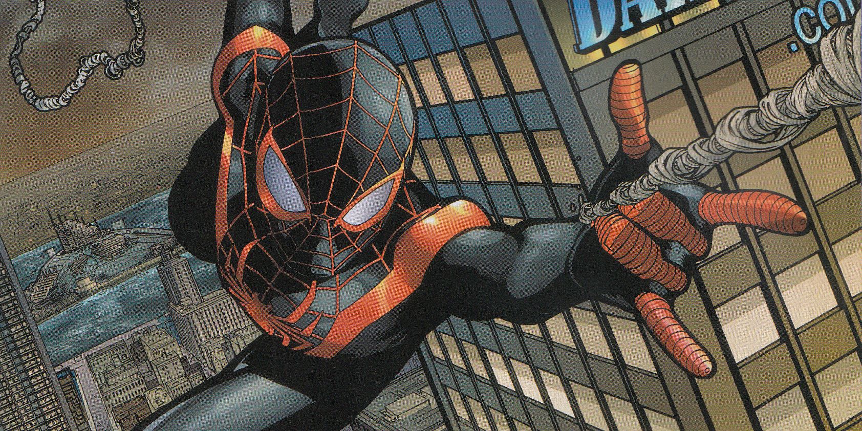 Miles Morales swinging through the city as Spider-Man