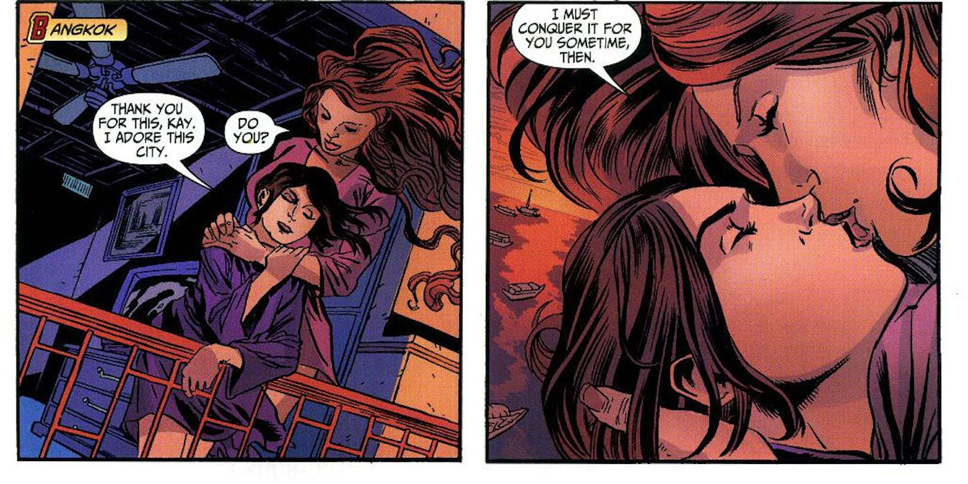 Scandal Savage and Knockout flirting and kissing in DC Comics