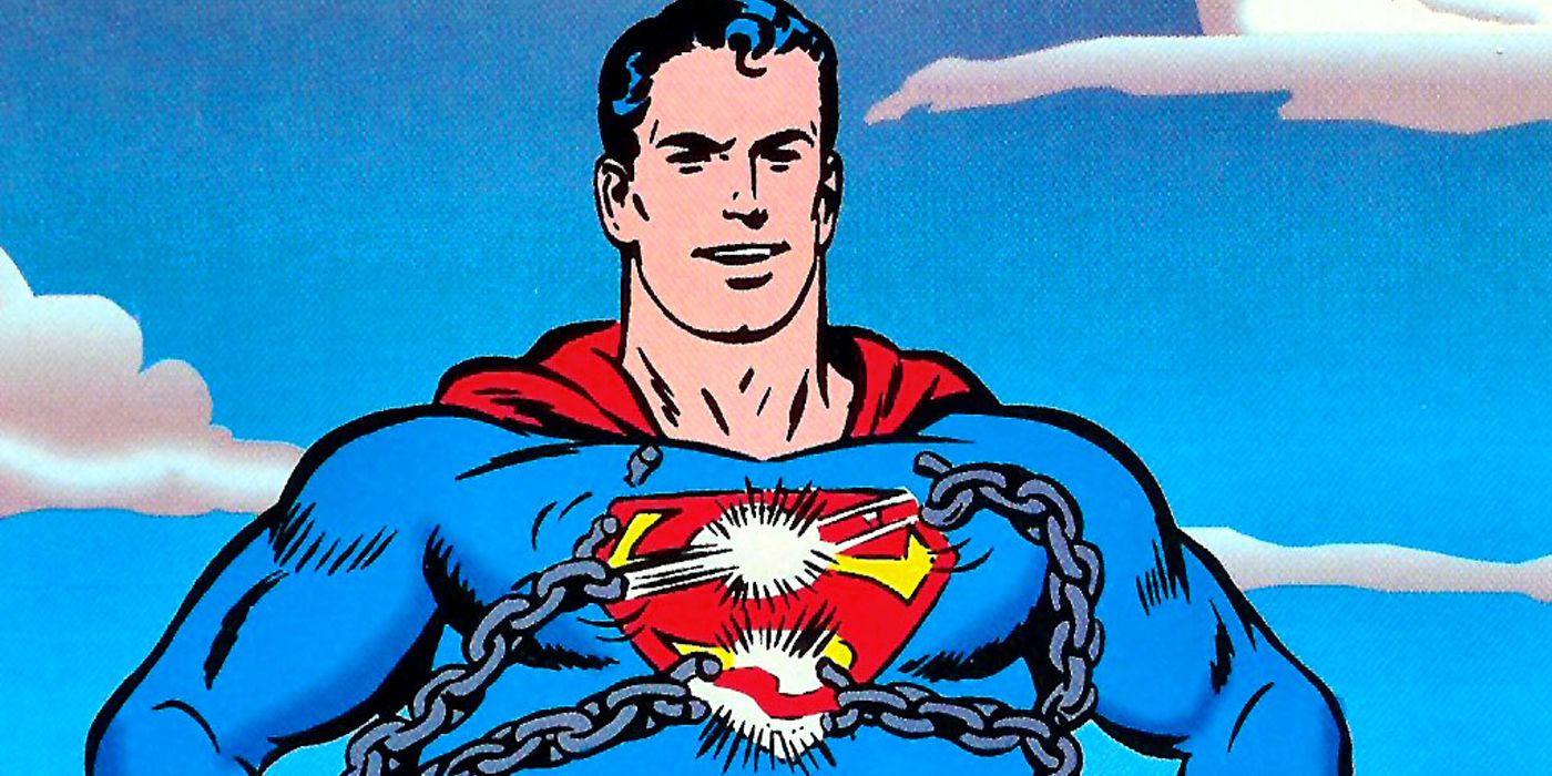 The Silver Age Superman breaking chains in DC Comics.