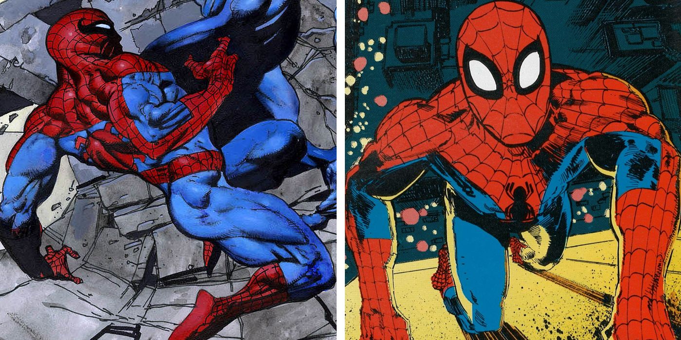 A split image of: Spider-Man  by Simon Bisley and Klaus Janson in Marvel Comics