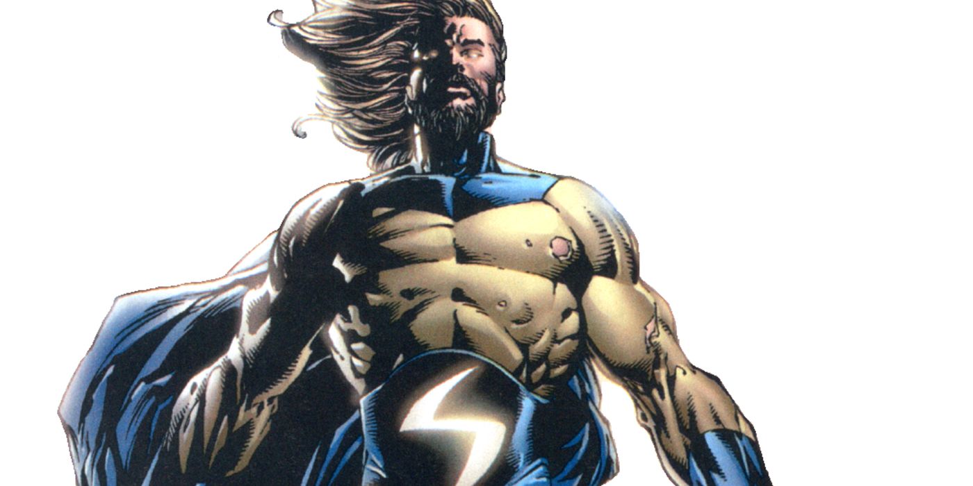 The Sentry from Marvel Comics flies into the air, his eyes glowing.