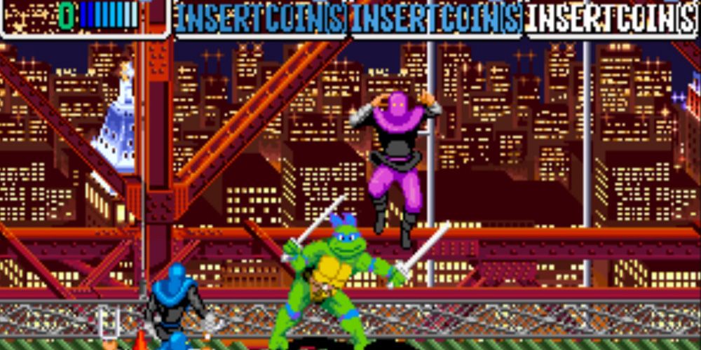 Turtles in Time TMNT video game leaping in combat.