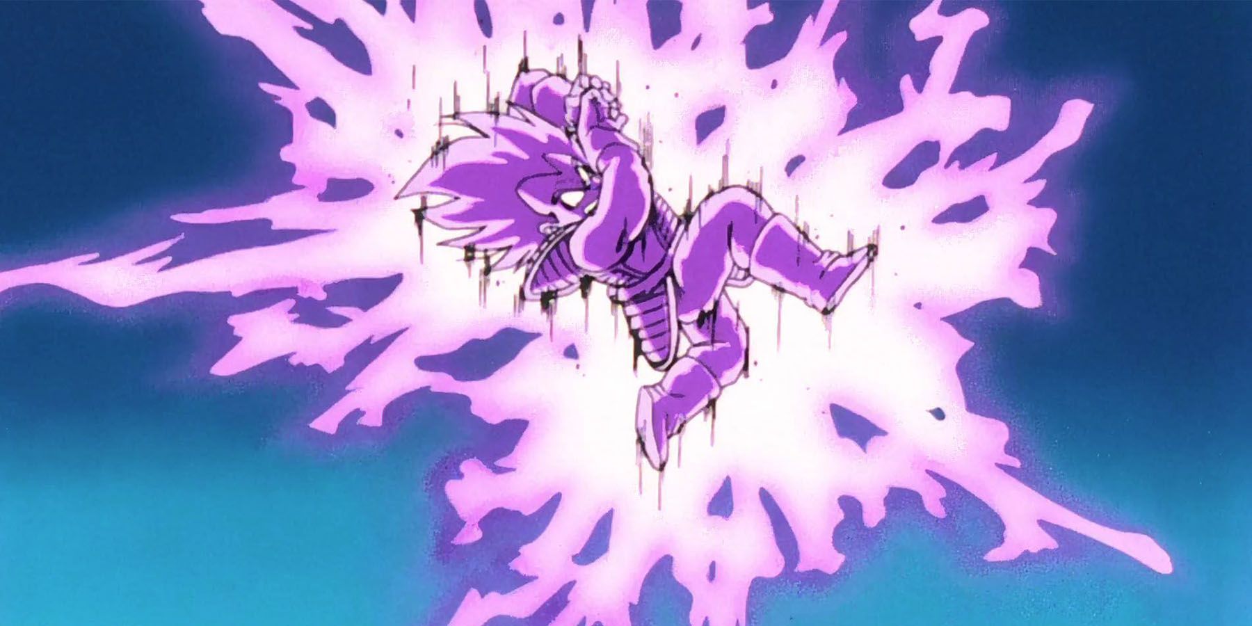 Vegeta collects energy for a massive Galick Gun attack in Dragon Ball Z.