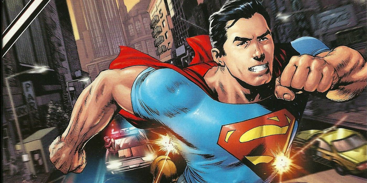 The New 52's Superman running through Metropolis, bullets ricocheting off him in DC Comics