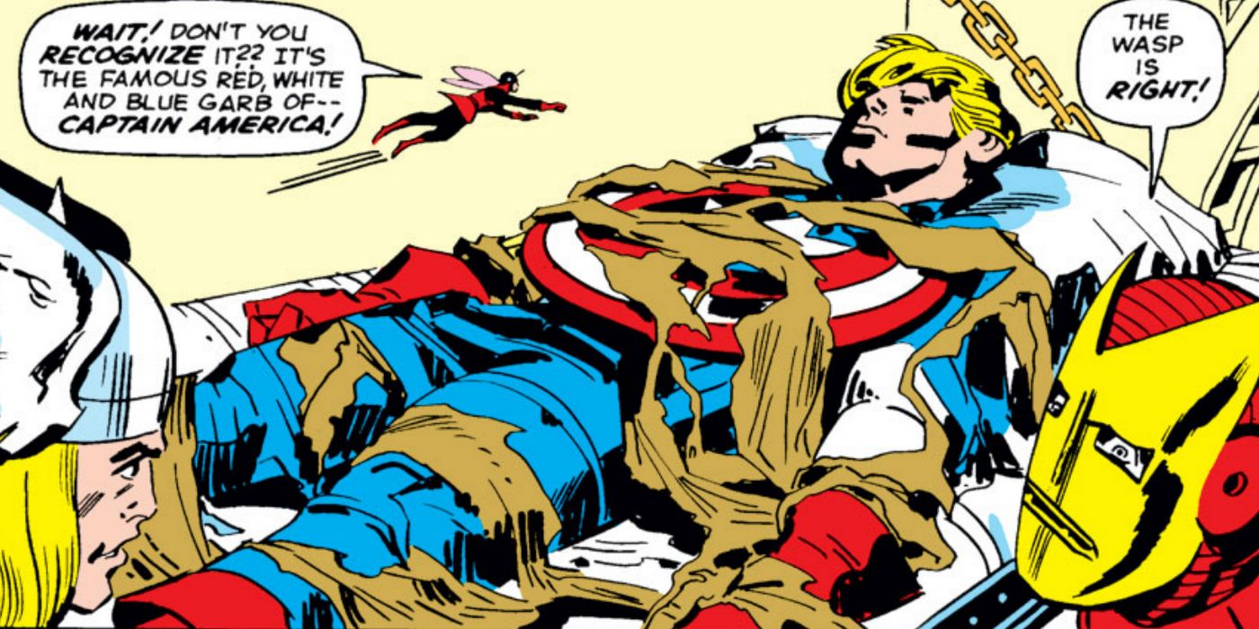 Captain America lies unconscious before Iron Man, Thor, and Wasp, thawed out in Marvel Comics