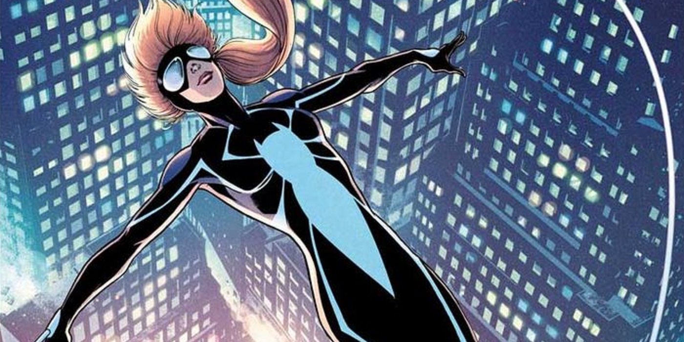Aña Corazón, Spider-Girl flying through the air between buildings in Marvel Comics.