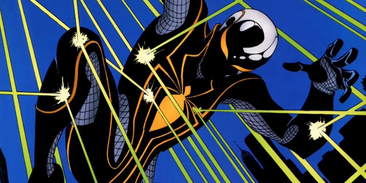 Spider-Man wears the bulletproof black and gold-trimmed Armor Mark II