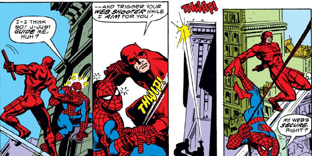 Spider-Man blind guided by Daredevil, both on a flagpole