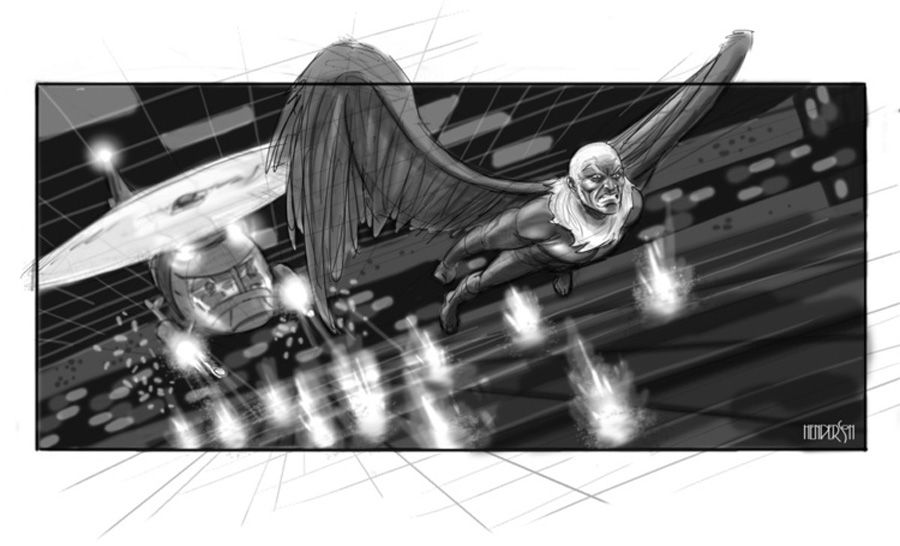Vulture storyboard art from Spider-Man 4, by Jeffrey Henderson