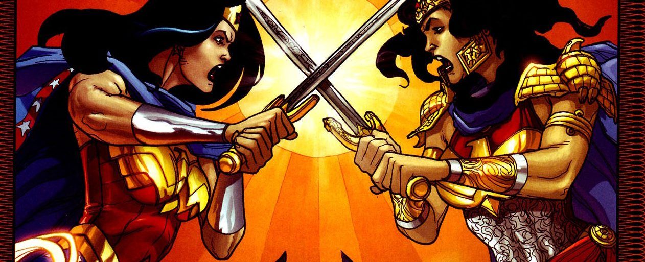 Amazons-Attack, with Wonder Woman and Hippolyta crossing swords on the cover, from DC Comics
