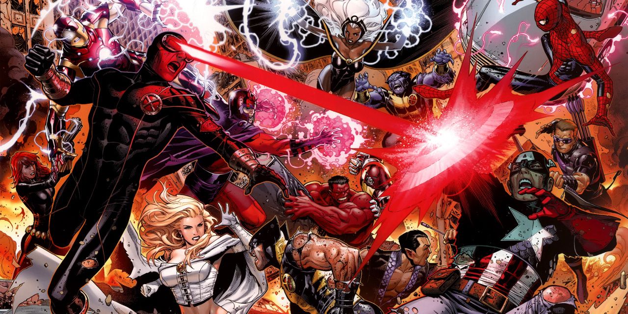 Cyclops fires optical beams at Captain America as the Avengers battle the X-Men