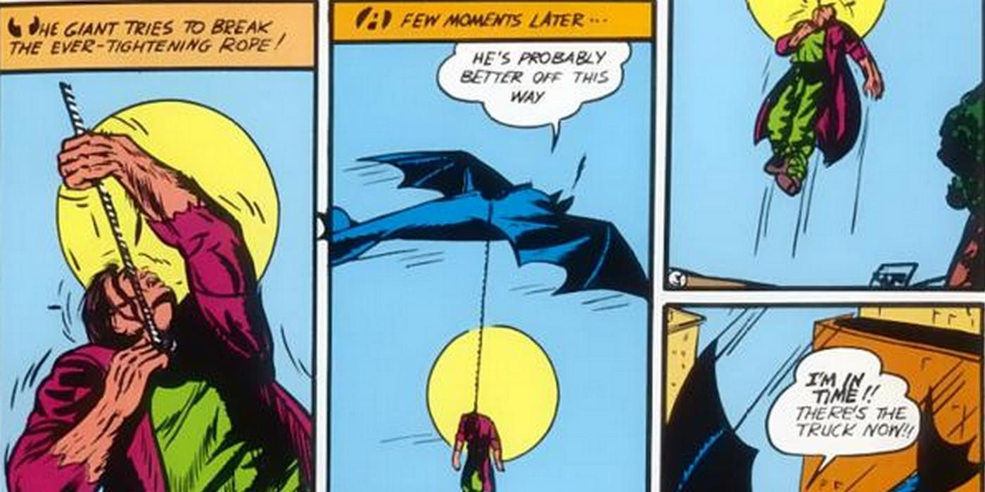 Batman hanging a man from his Batplane in Batman #1