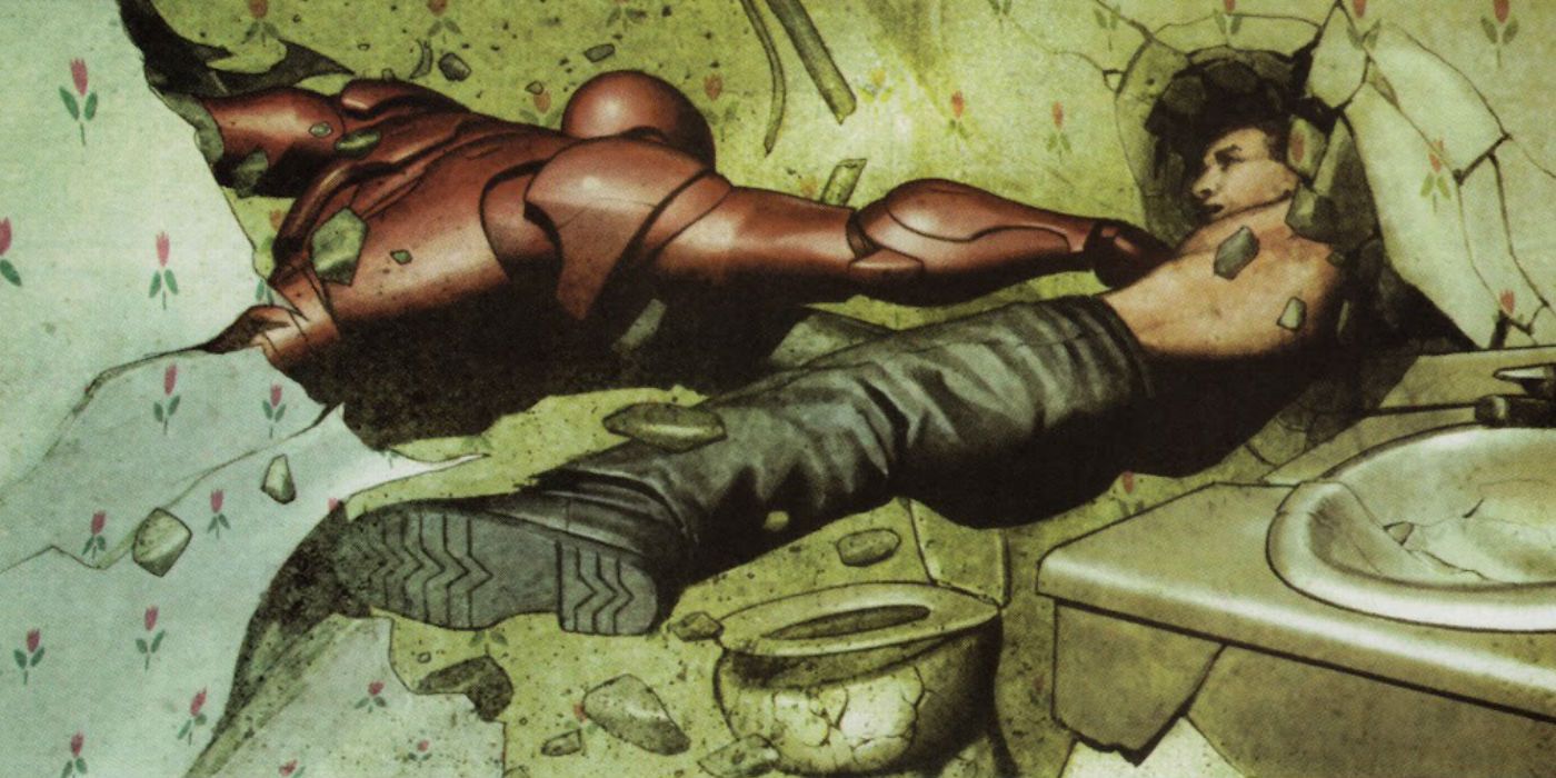 An image of Iron Man punching through a wall in the "Extremis" storyline