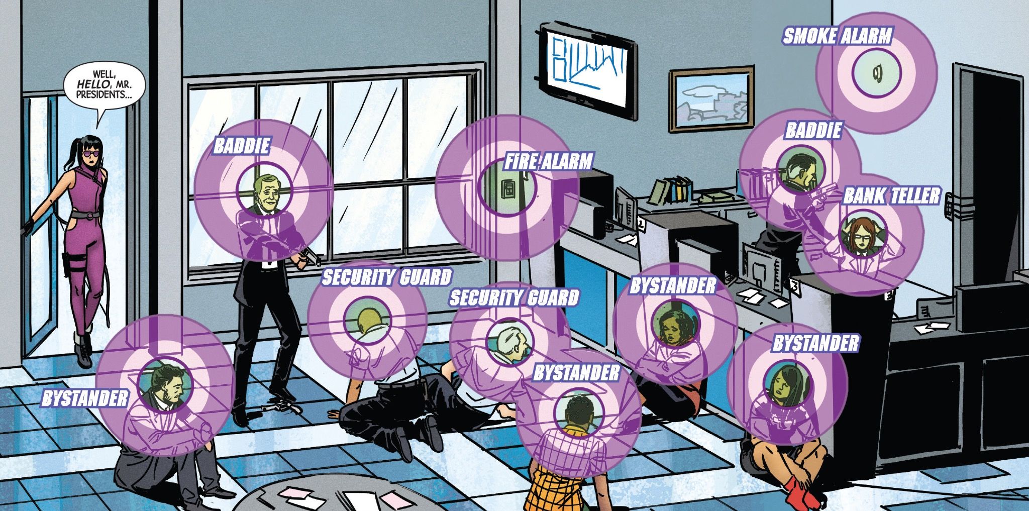 Kate Bishop scopes out the scene at at bank robbery. Robbers are wearing president masks.