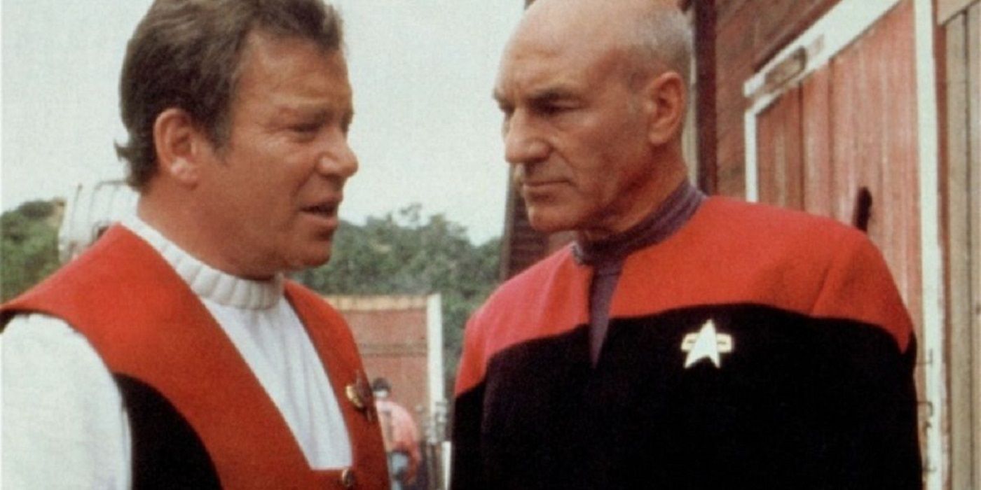 Captain James T. Kirk and Jean-Luc Picard in Star Trek: Generations