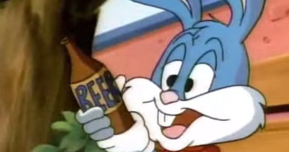 Buster Bunny from Tiny Toon Adventures holding a beer