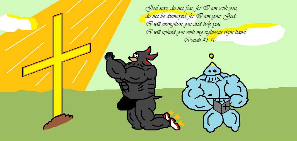 Shadow and Chao pray at the cross