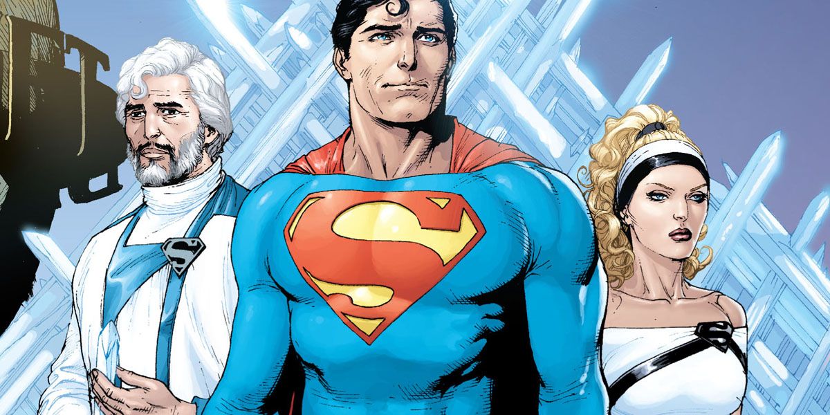 Superman flanked by his parents Jor-El and Lara in the Fortress of Solitude