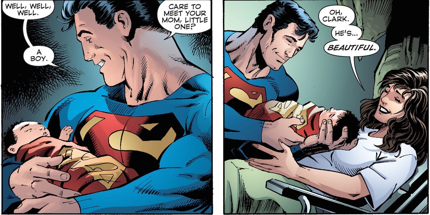 Superman holds baby Jon and gives him to Lois Lane