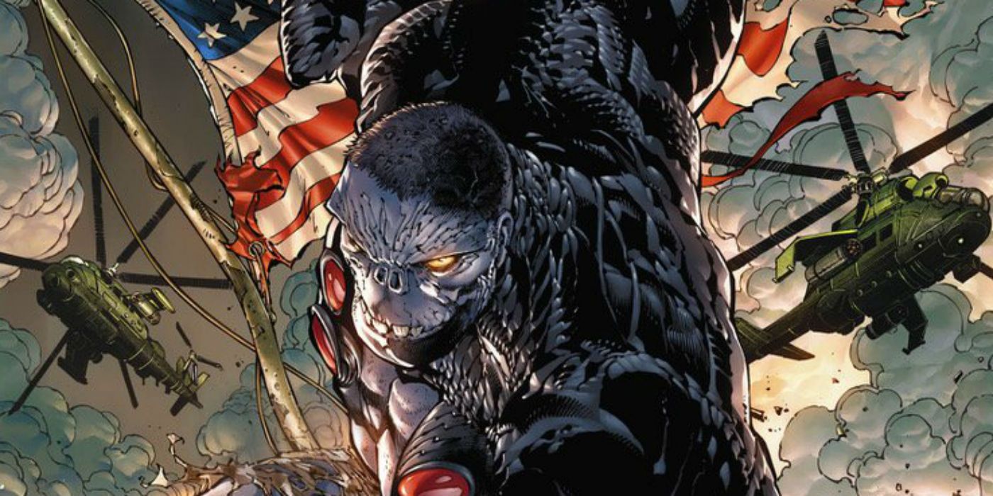 Damage, backed by military helicopters and American flags, in DC Comics