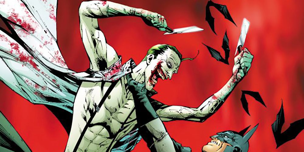 Grant Morrison's Joker holding razor blades fighting Batman.in DC Comics