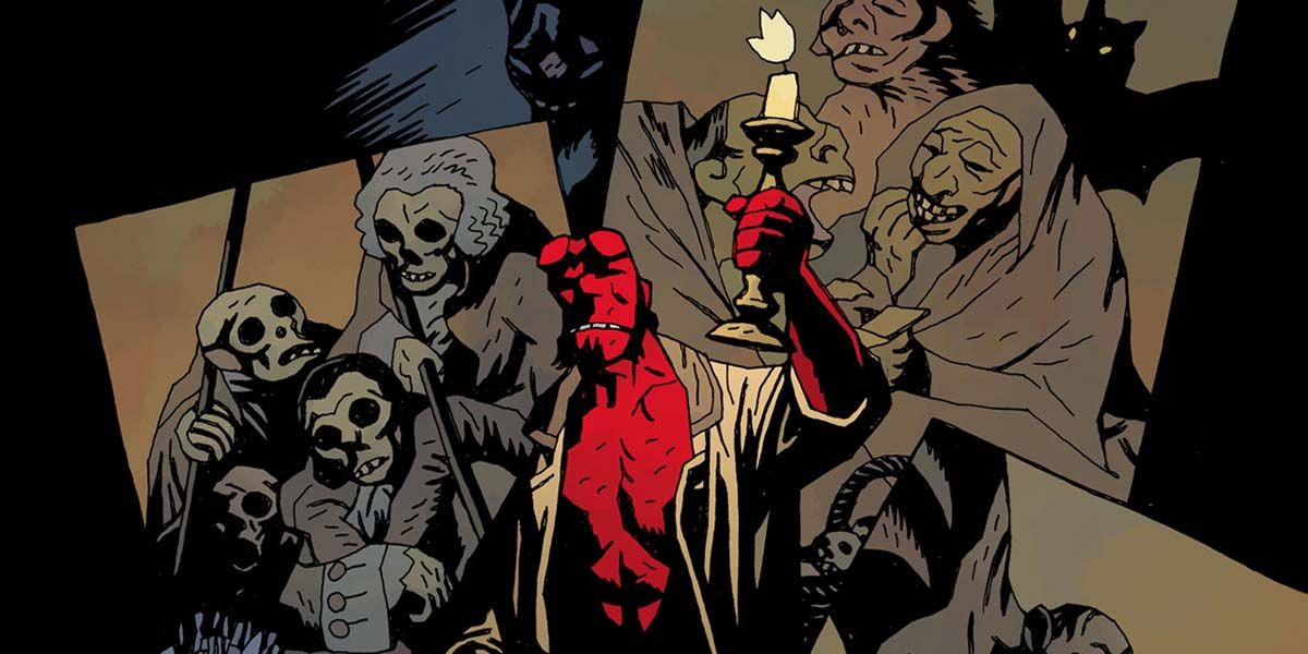 Hellboy holds a torch and investigates his surrounding in Mike Mignola's Hellboy comic
