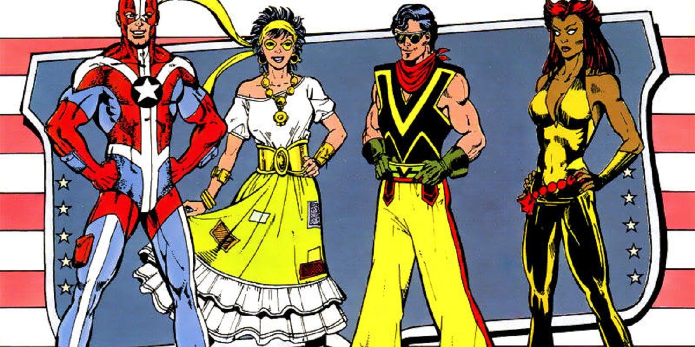 Steel, Gypsy, Vibe, and Vixen pose as the Justice League Detroit in DC Comics
