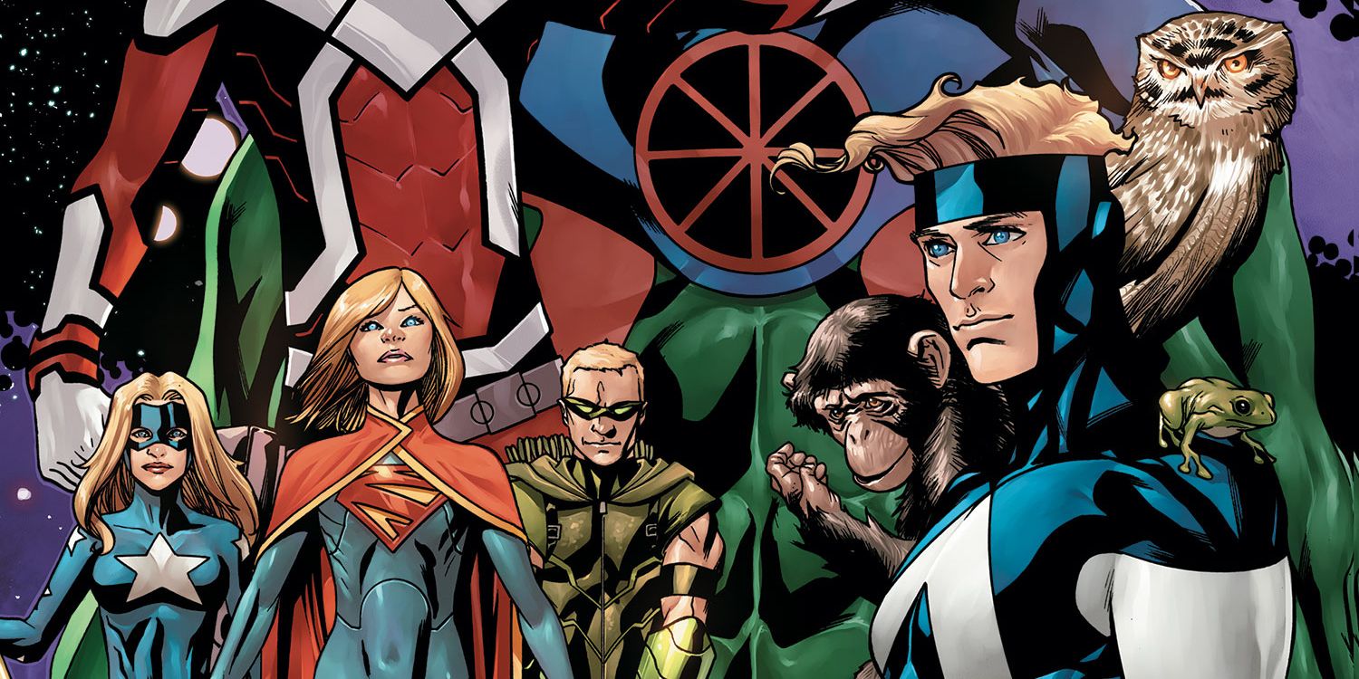 Justice League United, showing Stargirl, Supergirl, Green Arrow, and Animal Man