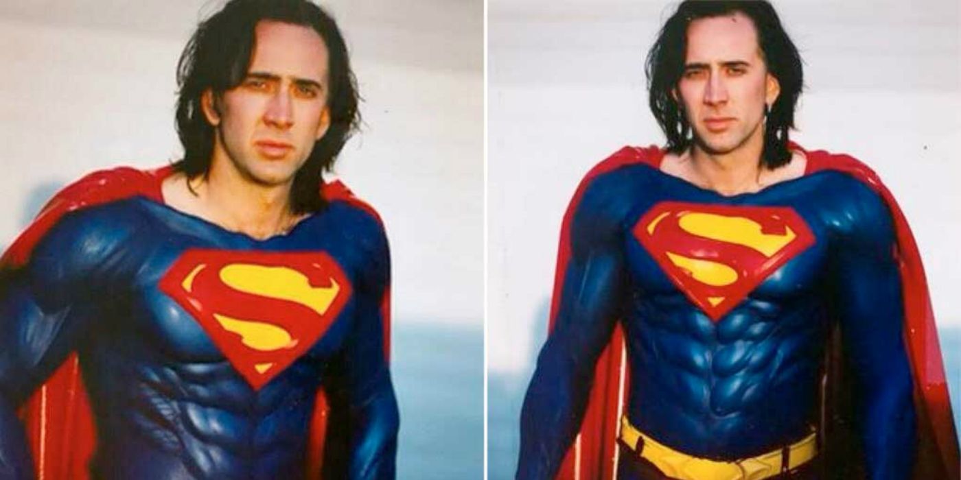 Nicolas Cage standinga as Superman in Superman Lives
