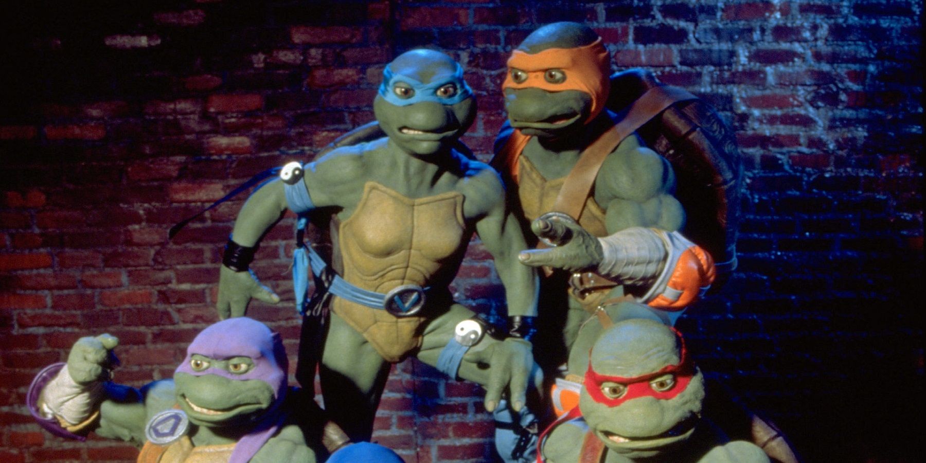 Donatello, Venus de Milo, Michelangelo and Raphael posing for Battle in Ninja Turtles: The Next Mutation