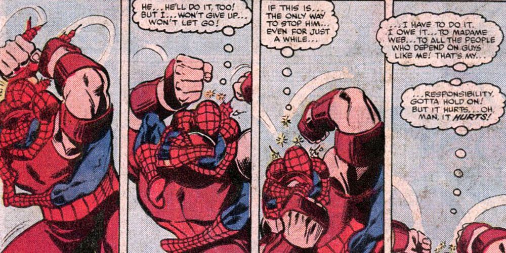 Spider-man battles the X-Men's Juggernaut.