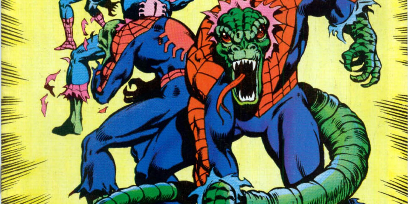 Spider-Man transforming into Spider-Lizard from Marvel Comics