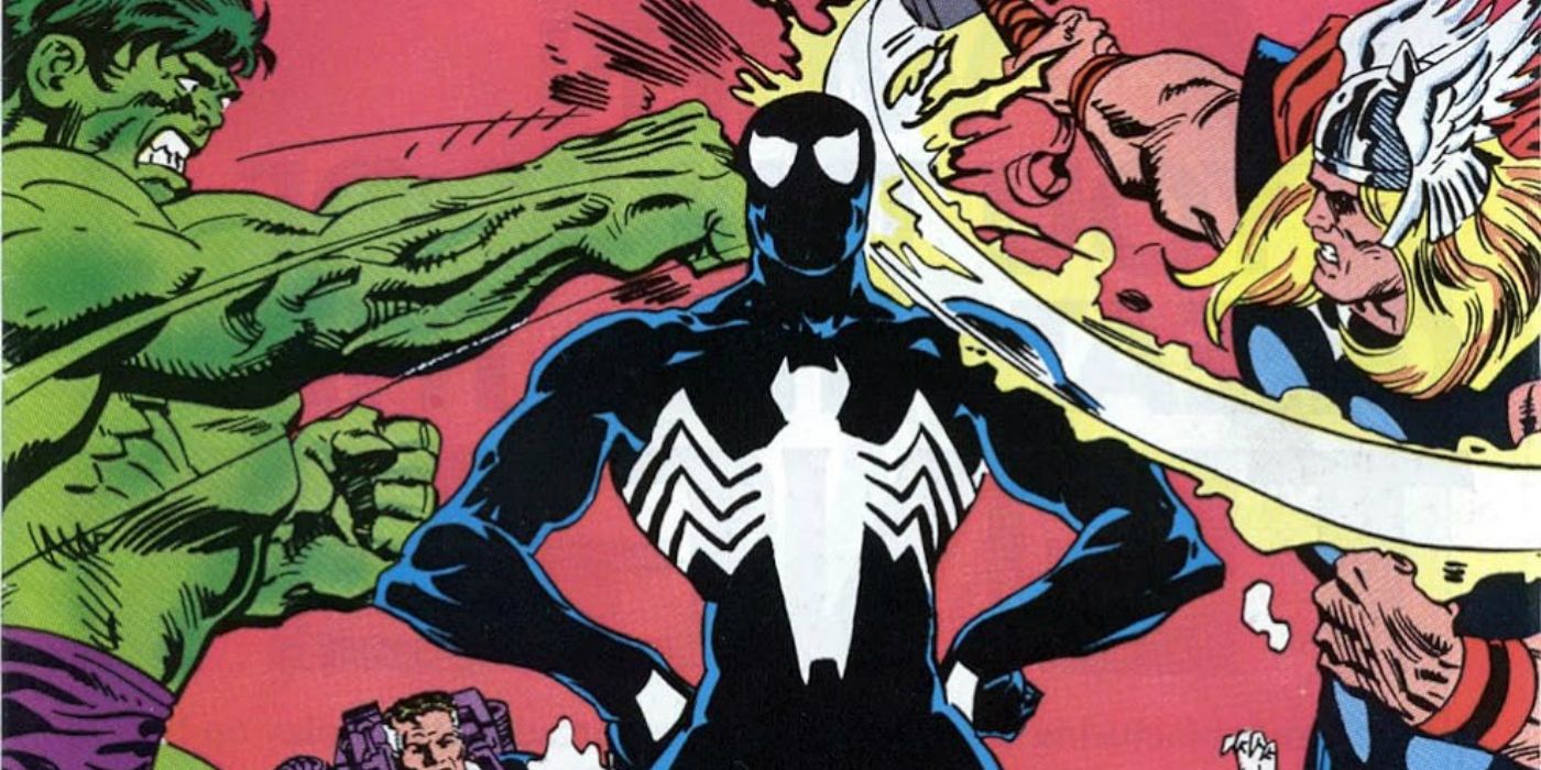 Symbiote Spider-Man gets punches by Hulk and Thor but doesn't fall down.
