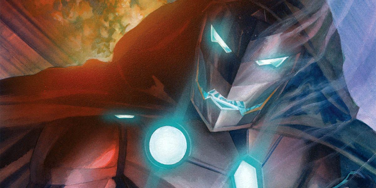 Marvel Comics' Victor Von Doom as the Infamous Iron Man, his armor glowing and smoking
