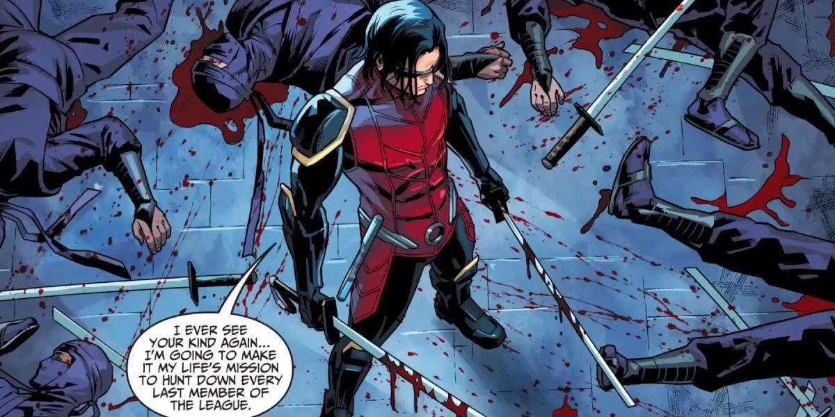 Damian Wayne surrounded by dead ninjas in the Injustice comics