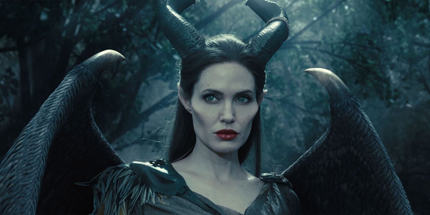 Angelina Jolie as Maleficent with her horns and wings out
