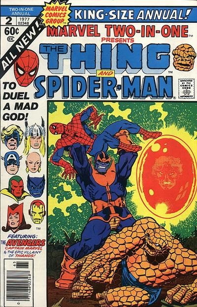 Cover of Marvel Two-In-One Annual #2: Thanos holds Spider-Man over is head, while Thing lies on the ground; Adam Warlock looks out from within the Soul Gem