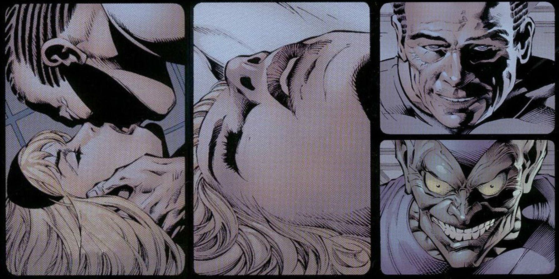 Comic panels of Gwen Stacey romantically involved with Norman Osborn and Green Goblin