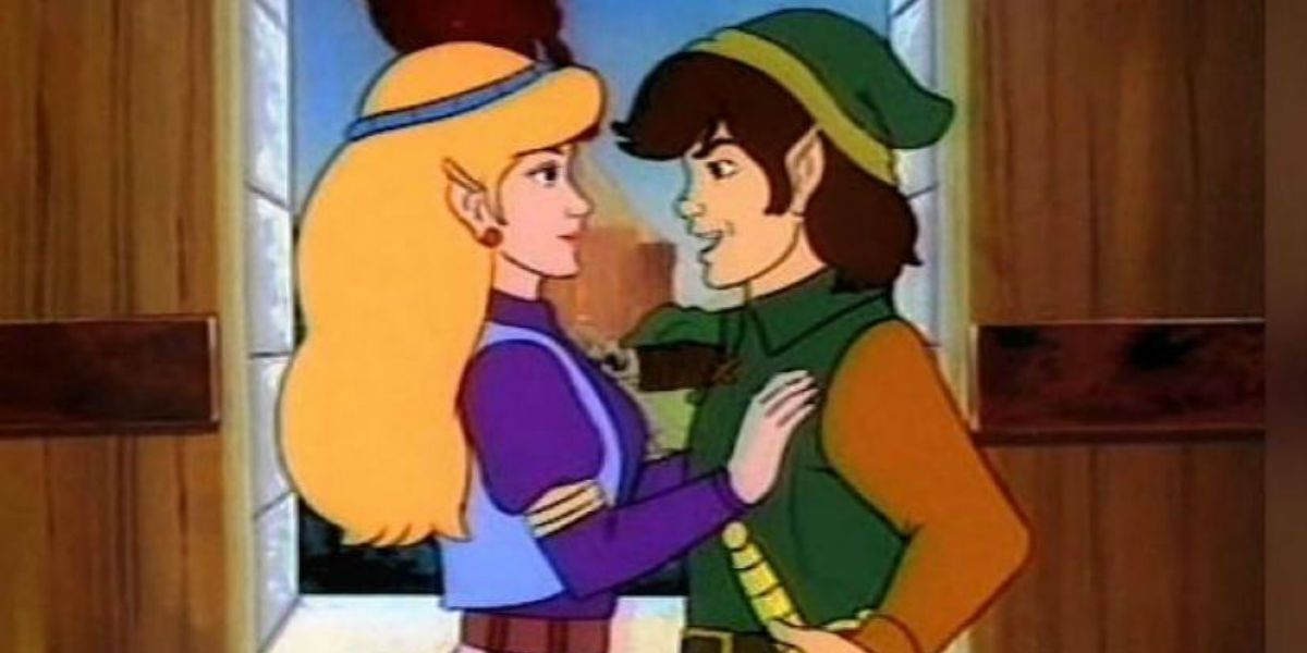 Zelda and Link embrace in The Legend of Zelda animated series