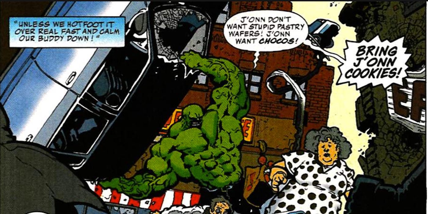 The Martian Manhunter becomes a Cookie Monster but also a Hulk