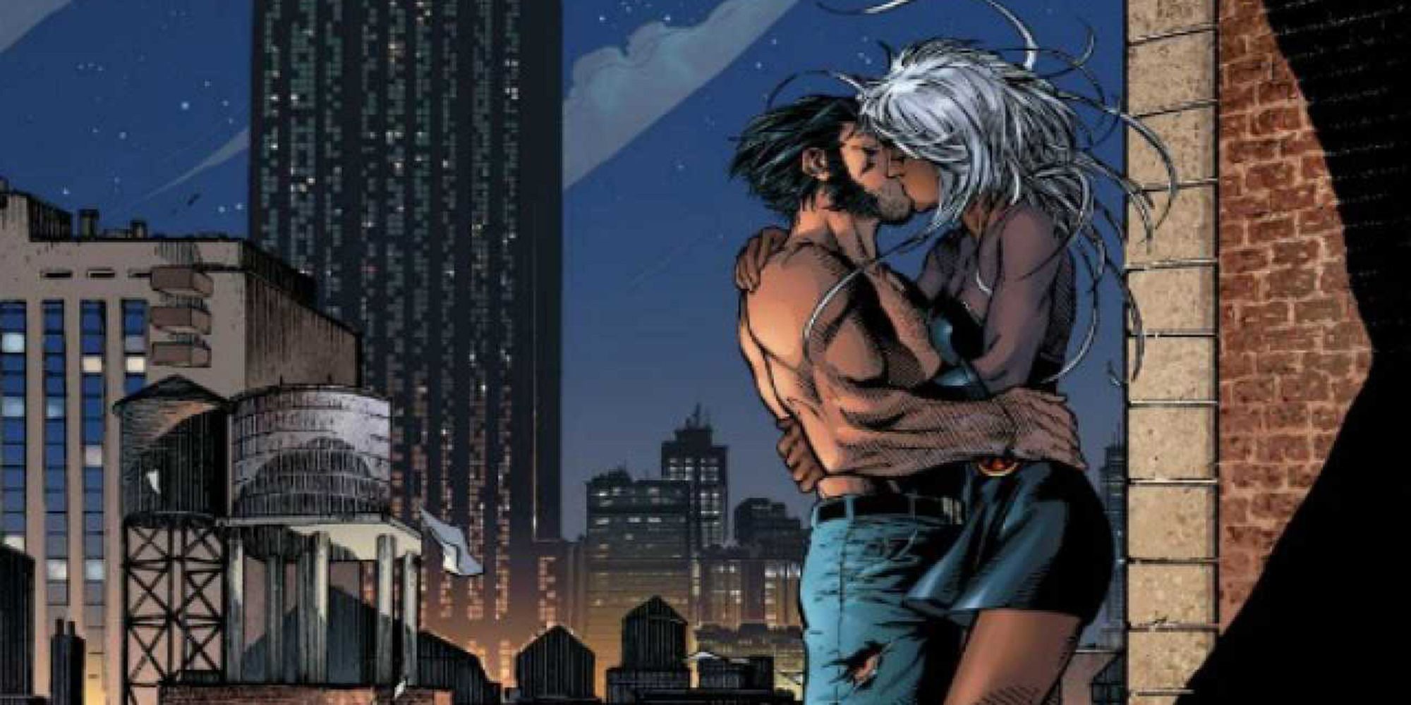 Wolverine and Storm kissing on a rooftop in Marvel comics.