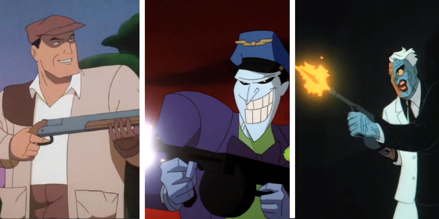 Bruce, The Joker, and Two-Face from Batman The Animated Series wielding guns