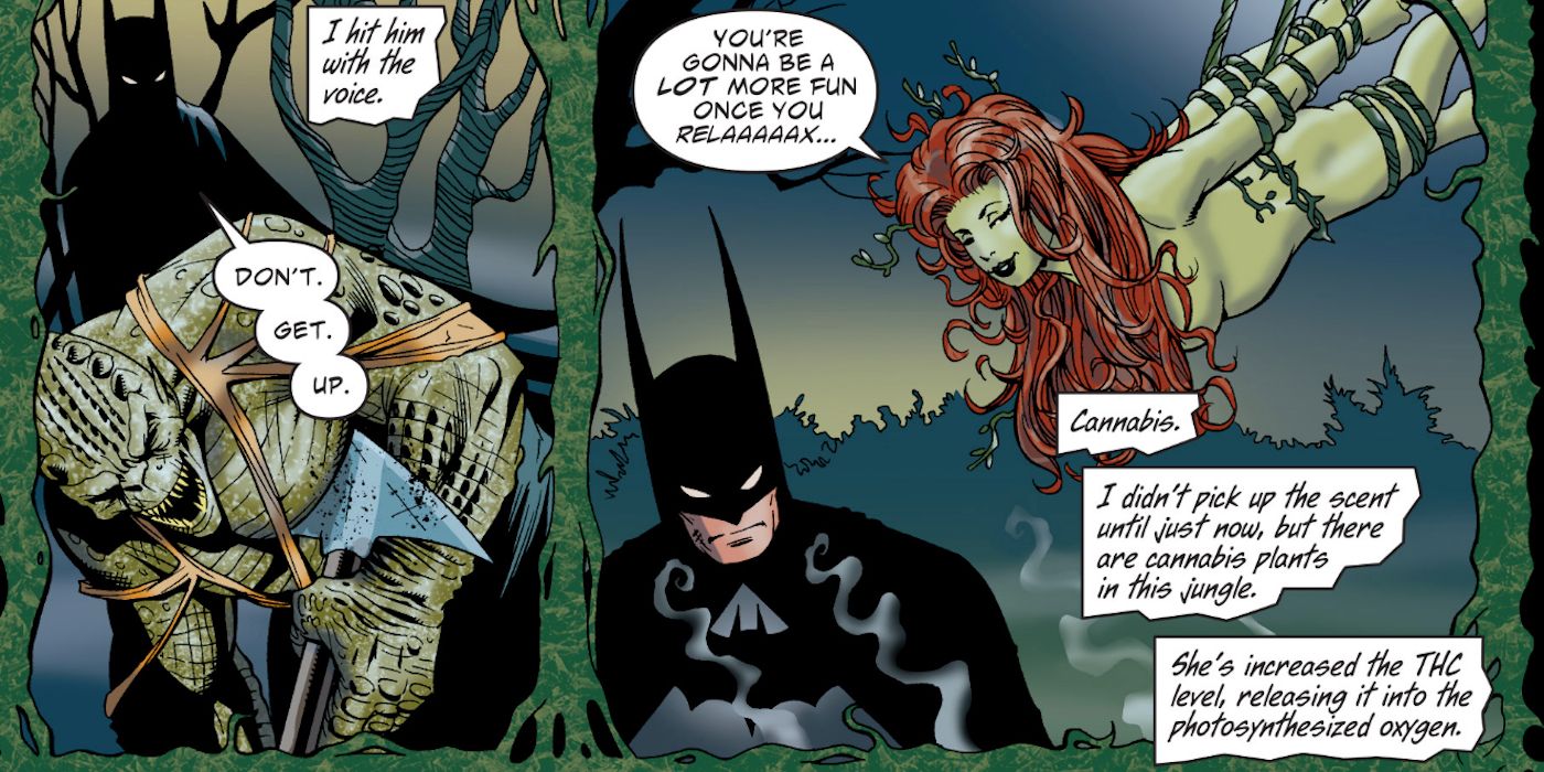 Batman gets blazed by Poison Ivy in a scene from The Widening Gyre.