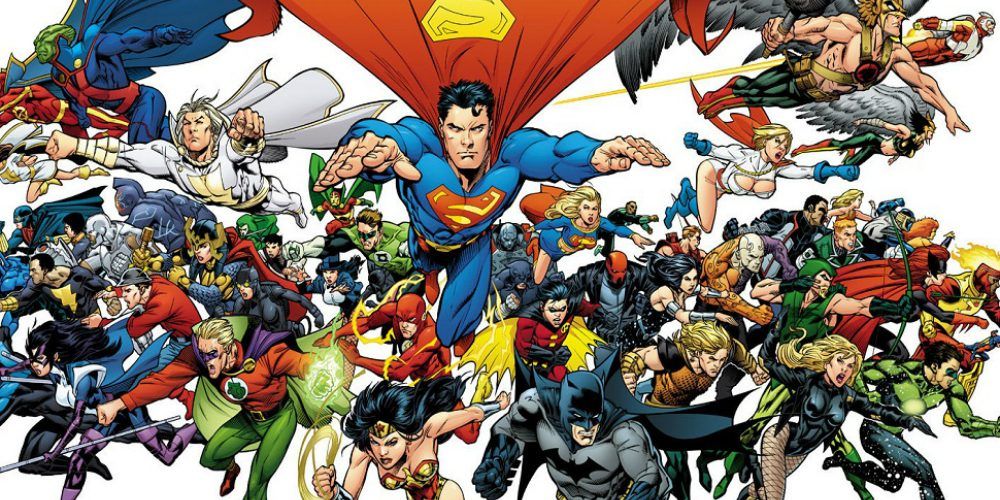 Countdown to Final Crisis; a horde of superheroes rushing at the reader, with Superman front and center.