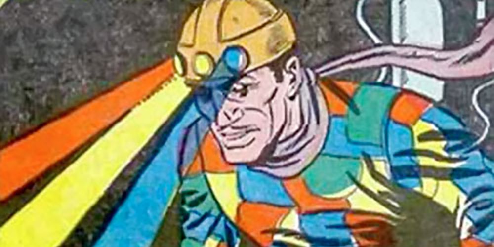 An image of Crazy Quilt shooting colored rays from his helmet