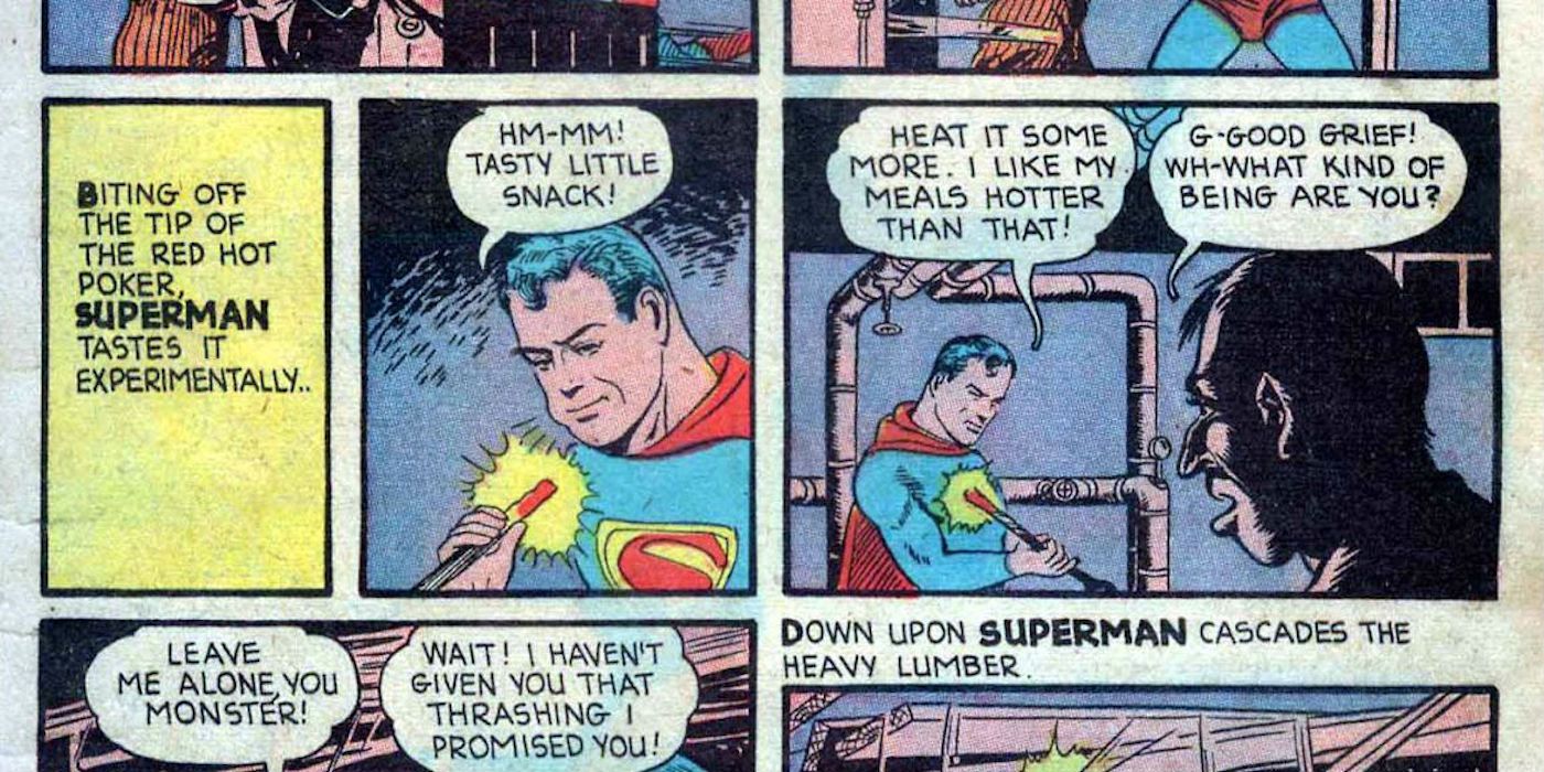 Superman eats a metal fireplace poker in DC Comics