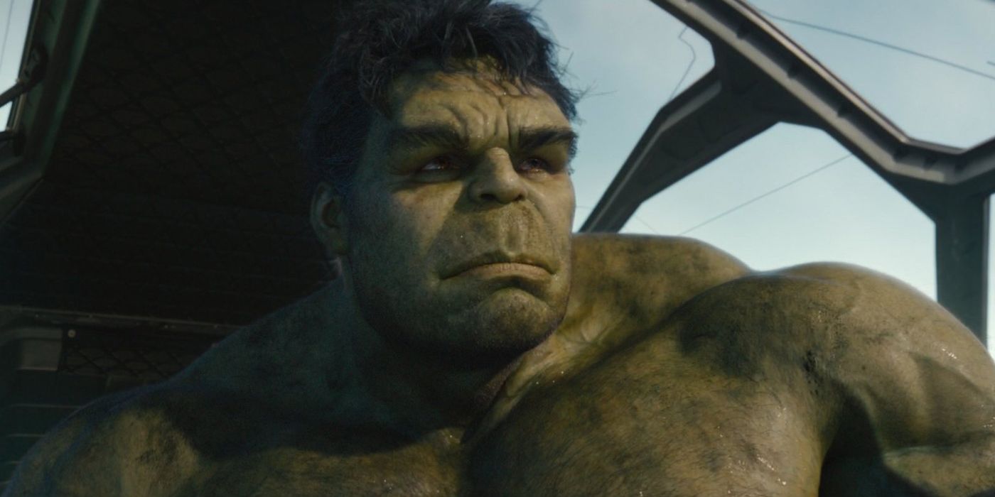 Close-up of Hulk with a serious expression piloting the quinjet
