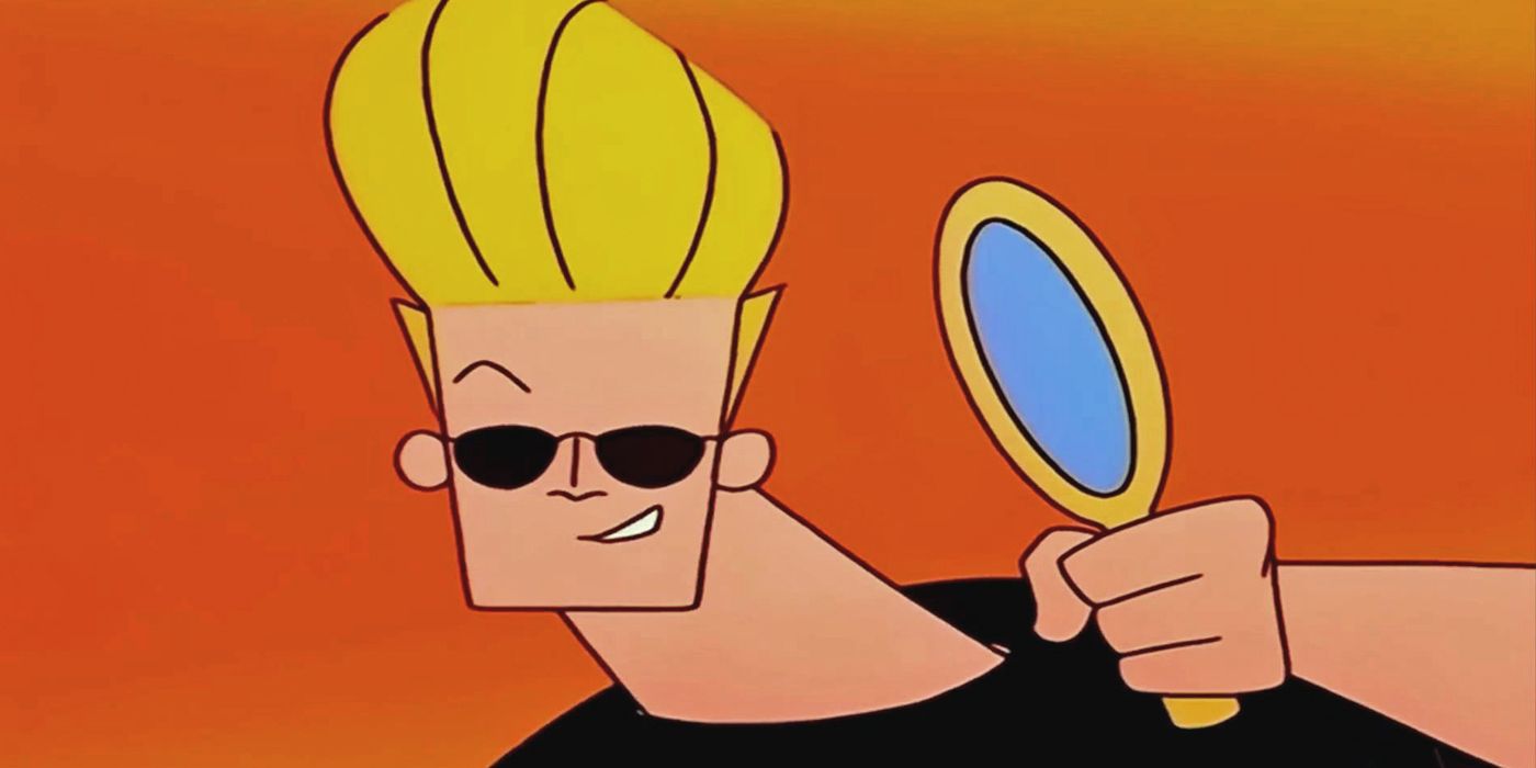 Johnny Bravo holding a mirror and looking at the audience