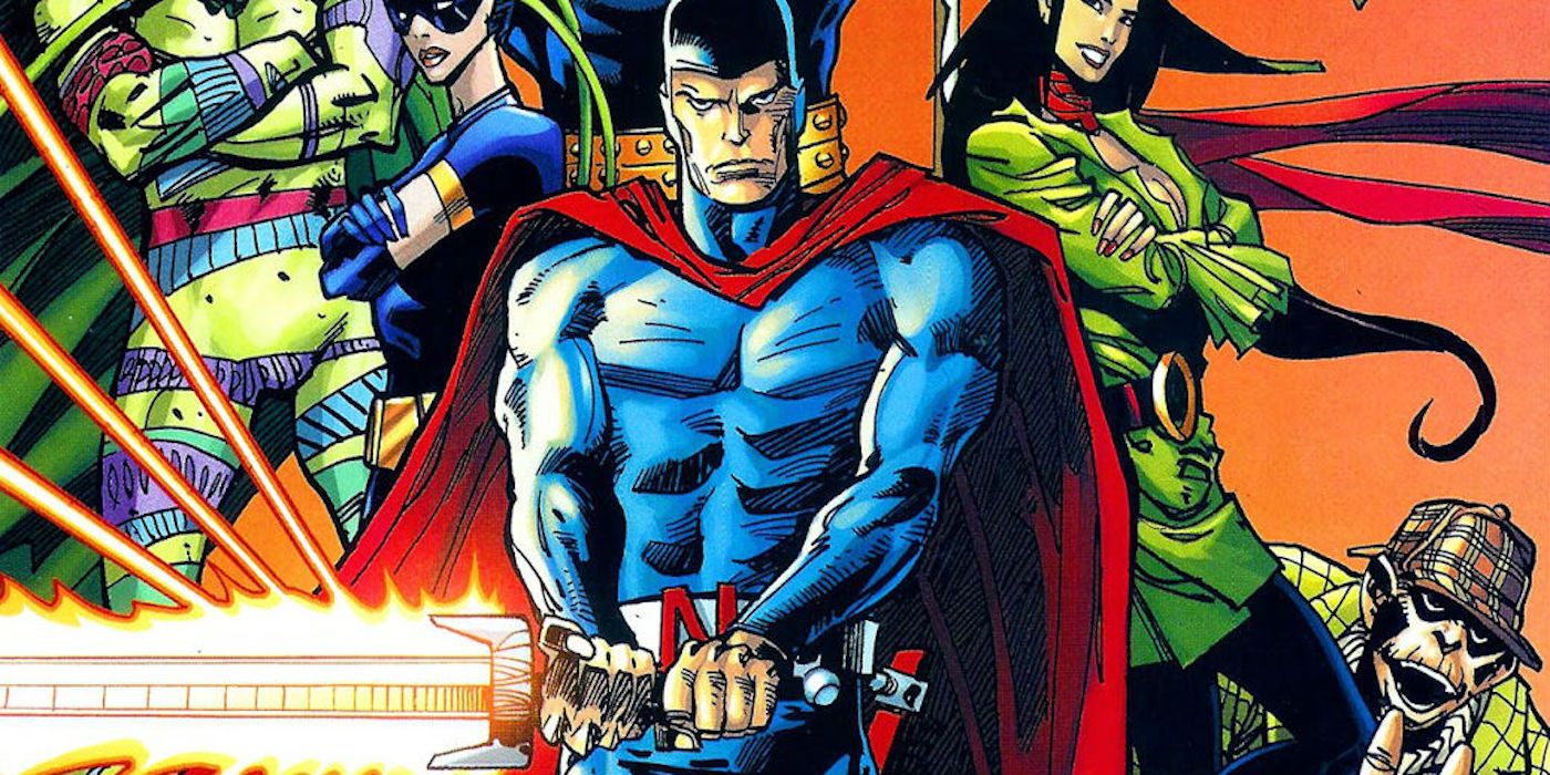 Nightmaster draws his sword while the Shadowpact pose behind him