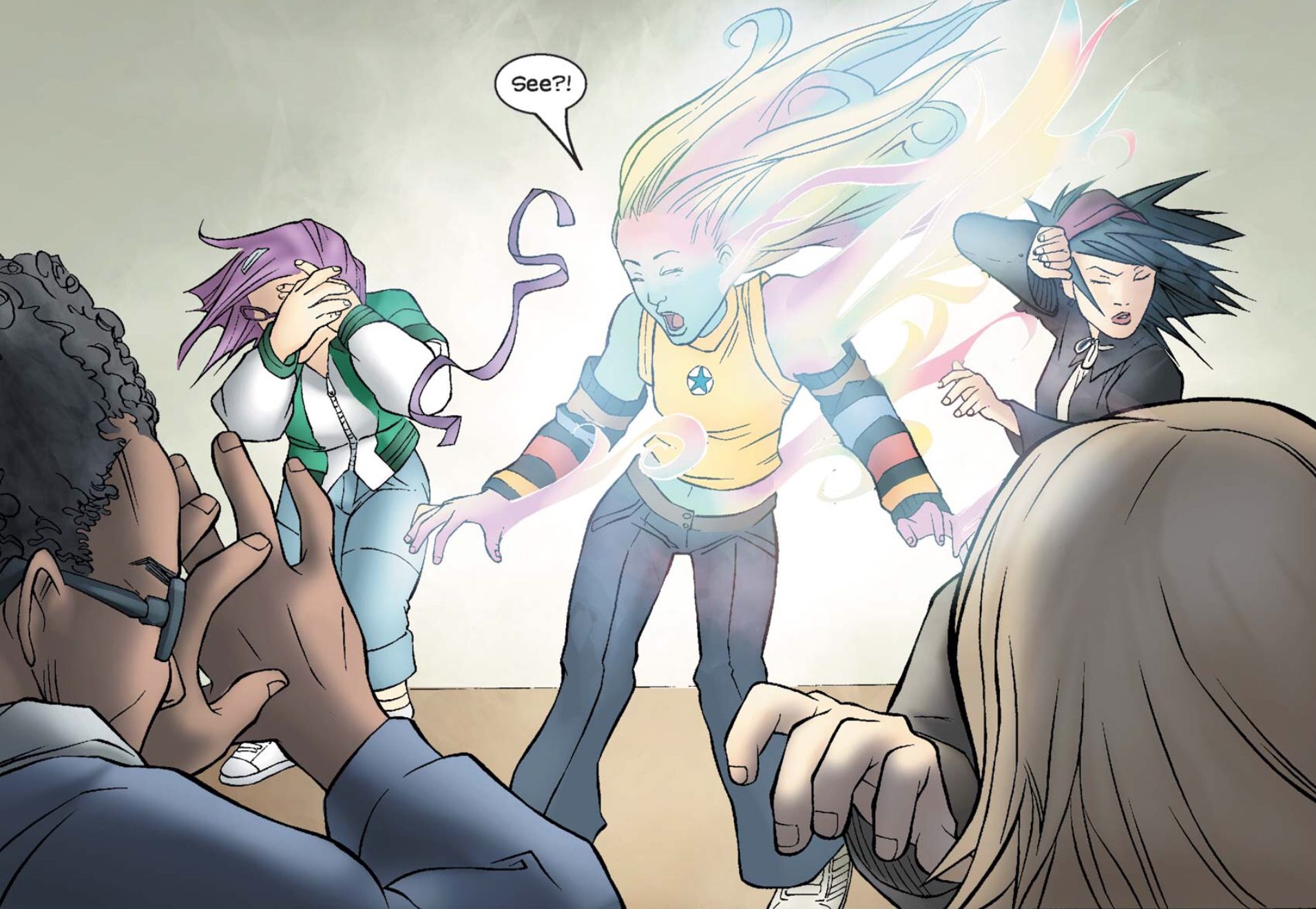 Karolina's body changes to its alien form—bright and shimmering pastels—as her teammates cover their eyes